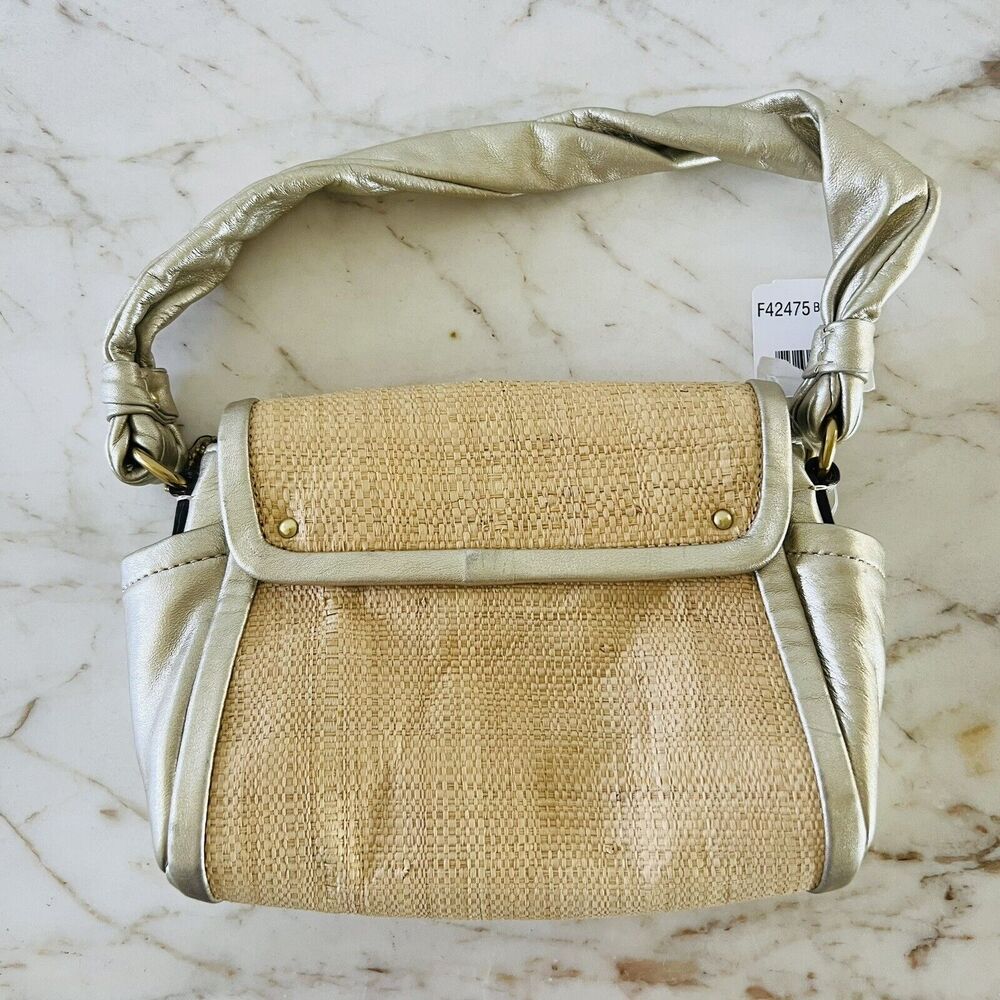 COACH Parker Straw Top Gold Leather Trim Top Handle Small Shoulder Bag - Picture 5 of 13